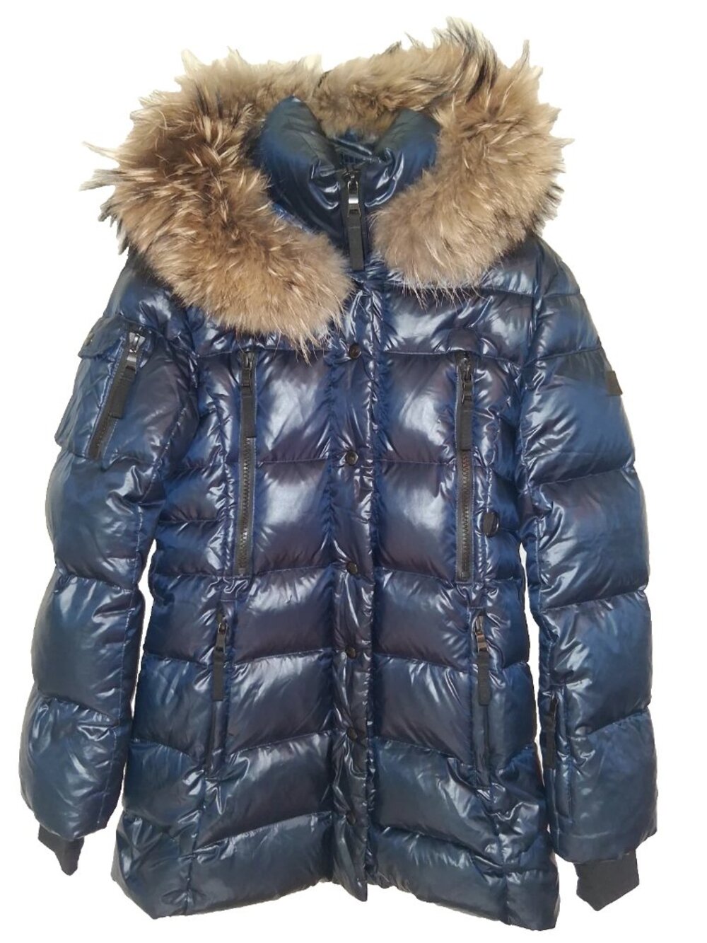 SAM. Millenium Parka Glossy Shiny Blue Down Puffer Jacket Real Fur Hood Womens M